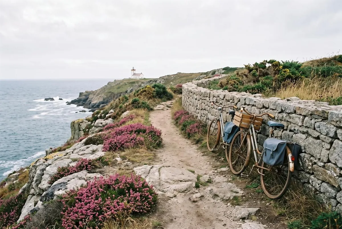 Le chemin côtier — le chemin côtier, la bruyère et deux vélos le long d'un muret de pierre