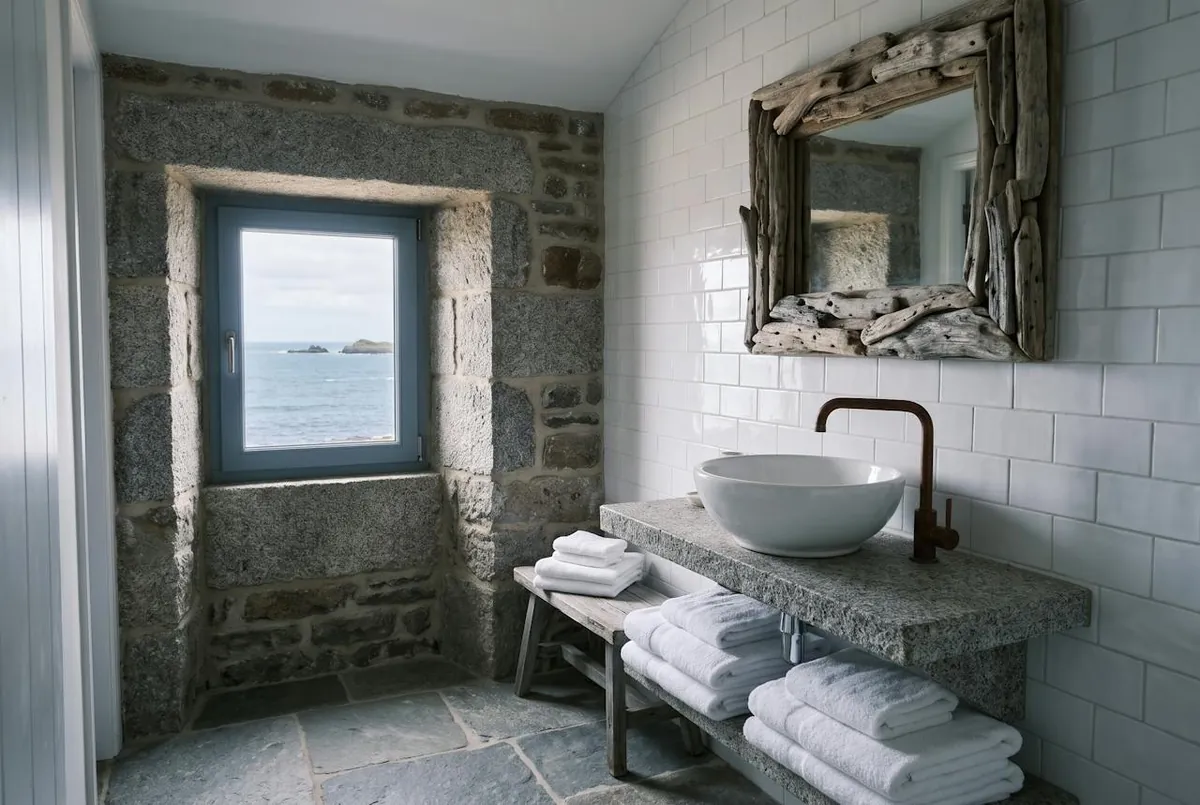 Chambre Cour — une salle de bain de la maison, en granit, avec sa fenêtre sur la mer